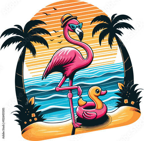 One-Legged Chill Flamingo In Paradise, Summer Vibes Only.