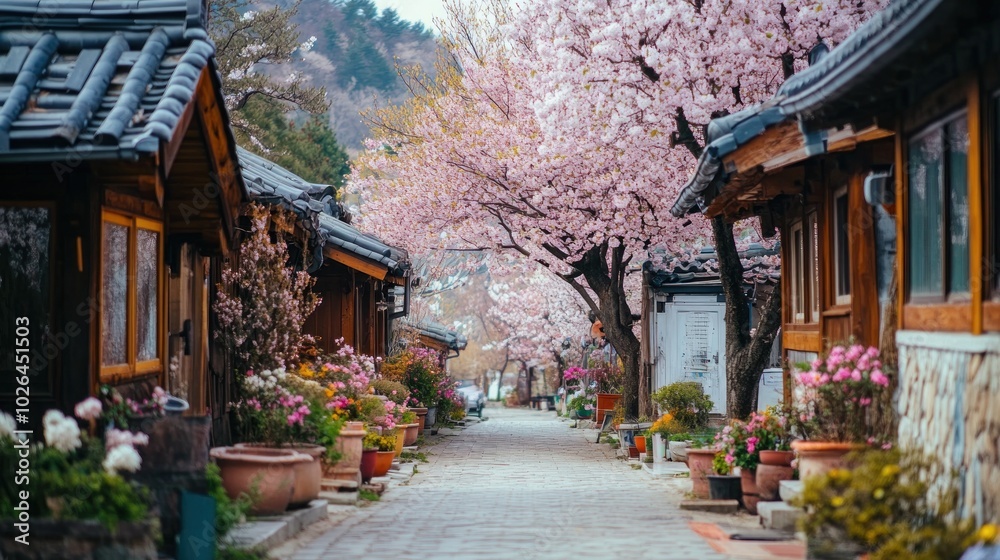 A serene pathway lined with traditional houses and cherry blossoms in full bloom. A serene pathway lined with traditional houses and cherry blossoms in full bloom.