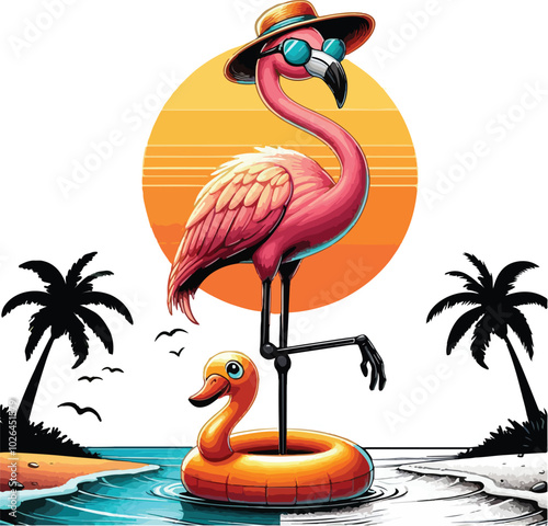 One-Legged Chill Flamingo In Paradise, Summer Vibes Only.