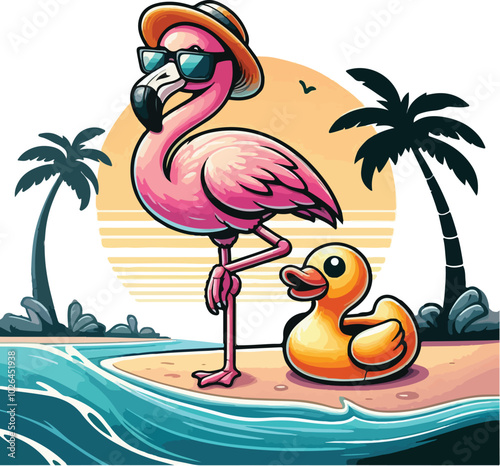 One-Legged Chill Flamingo In Paradise, Summer Vibes Only.