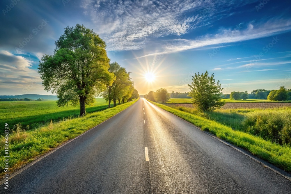 panoramic view of countryside road in spring evening panoramic view of countryside road in spring evening