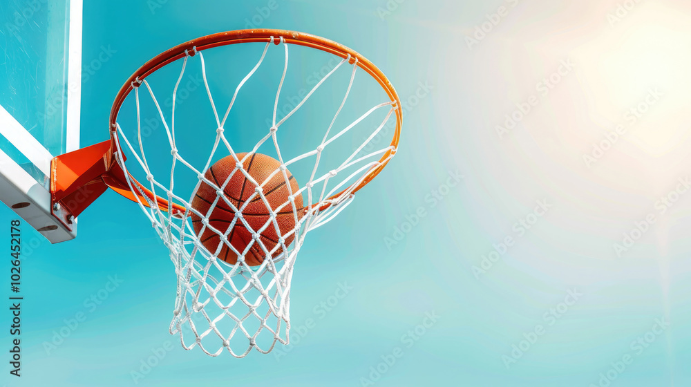 A basketball swishes through a hoop against a bright, clear sky, capturing the essence of sport and excitement. A basketball swishes through a hoop against a bright, clear sky, capturing the essence of sport and excitement.