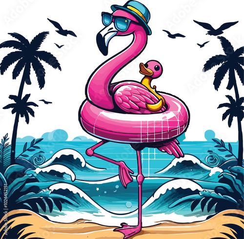 One-Legged Chill Flamingo In Paradise, Summer Vibes Only.