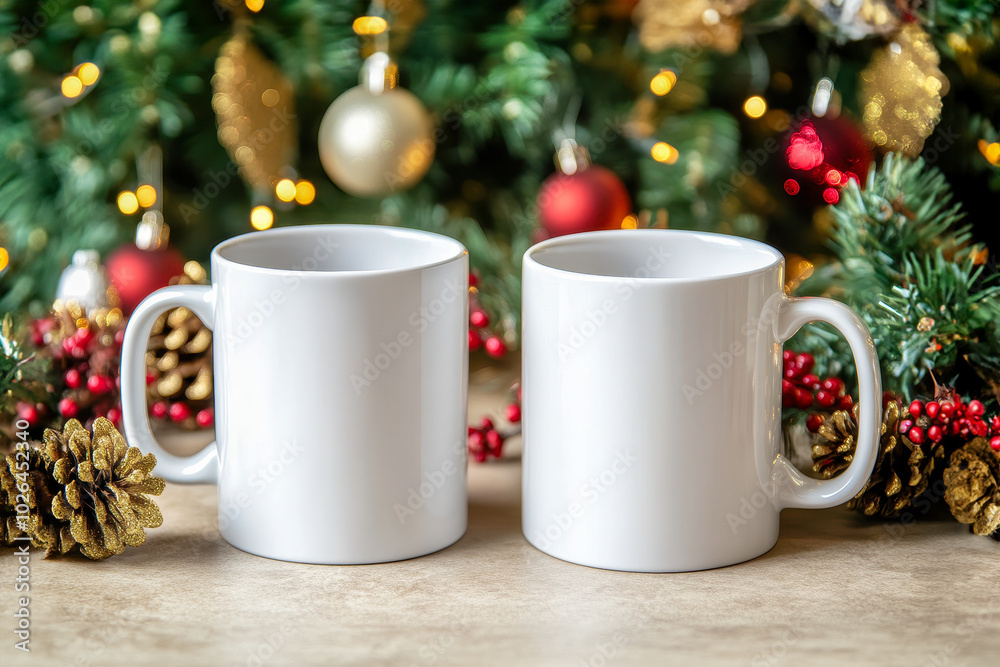 Two white coffee mug mockups, Christmas-themed background, Christmas tree and decorations in background Mock up Two white coffee mug mockups, Christmas-themed background, Christmas tree and decorations in background Mock up
