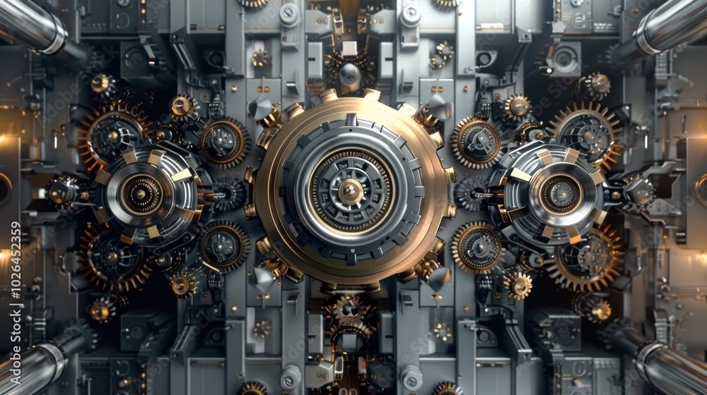High-Tech Symmetrical Gear Mechanism with Polished Steel and Brass Elements, Illuminated by Soft Light High-Tech Symmetrical Gear Mechanism with Polished Steel and Brass Elements, Illuminated by Soft Light