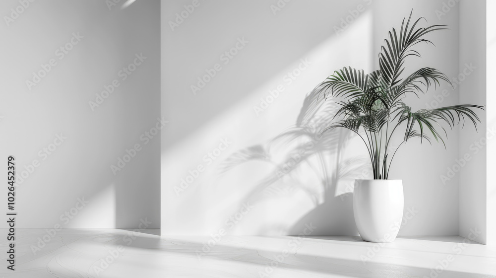 A minimalist interior featuring a tall palm plant in a white pot, casting soft shadows on a bright, white wall. A minimalist interior featuring a tall palm plant in a white pot, casting soft shadows on a bright, white wall.
