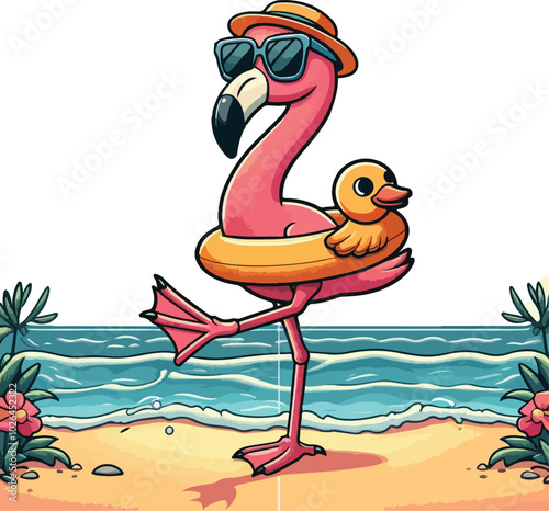 One-Legged Chill Flamingo In Paradise, Summer Vibes Only.