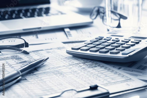 A workspace scene featuring a calculator, glasses, a laptop, and financial documents, emphasizing productivity and finance.