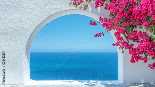 White Wall Archway Framing Blue Sea and Pink Bougainvillea