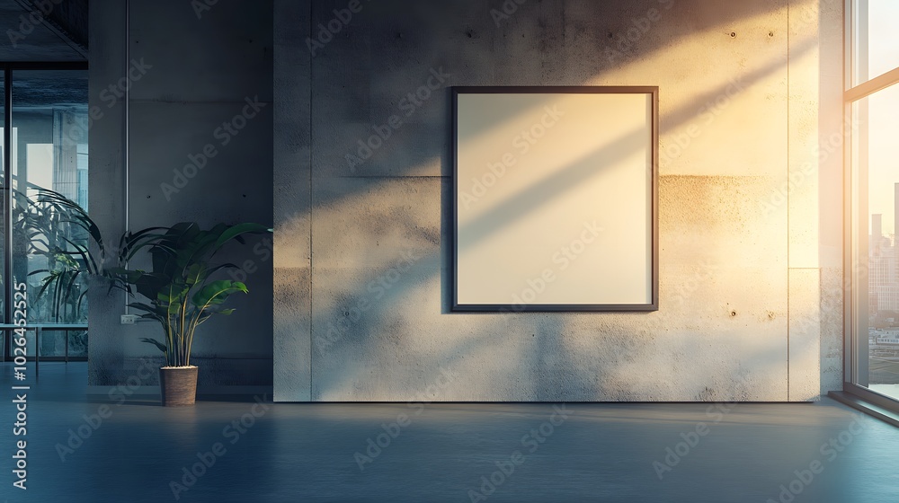 5. An elegant modern office featuring an empty poster frame on a concrete wall, with soft sunlight pouring in from the windows, creating a perfect backdrop for future advertising