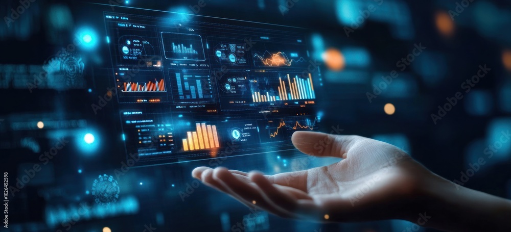 Futuristic interface displaying data analytics and insights above a hand. Futuristic interface displaying data analytics and insights above a hand.