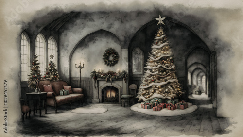 vintage christmas background , watercolor , oil paint , printable , wall decor photo