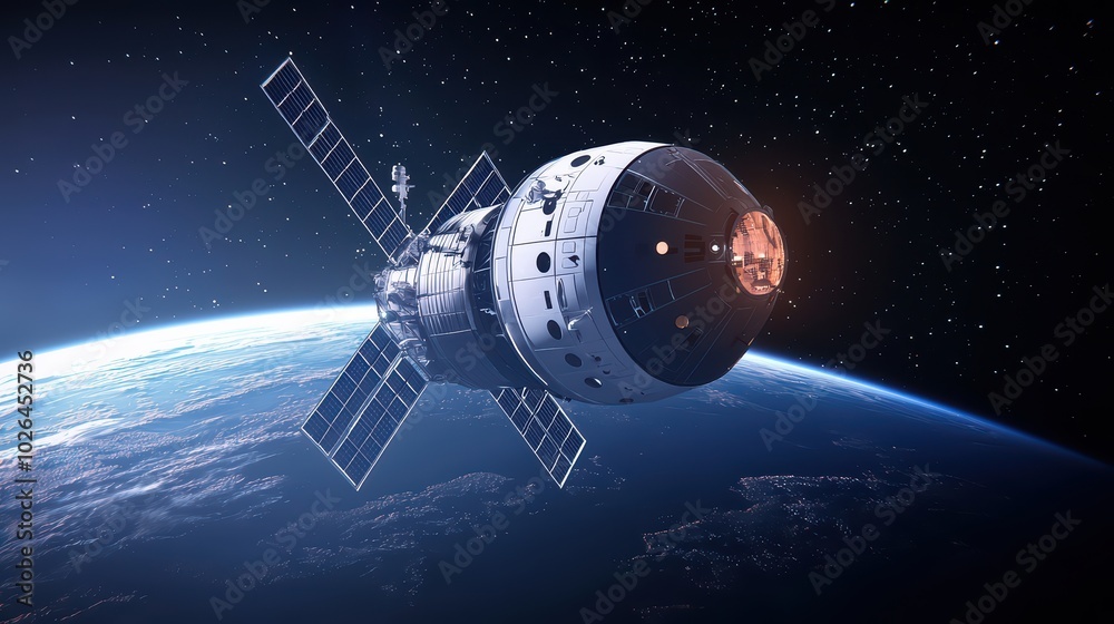 Futuristic spacecraft orbiting Earth, showcasing advanced technology and space exploration. Futuristic spacecraft orbiting Earth, showcasing advanced technology and space exploration.