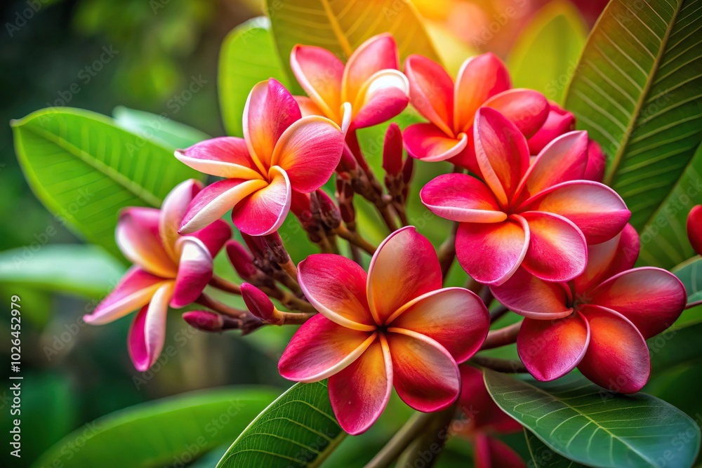 Panoramic view of frangipani flowers with red accents in bloom Panoramic view of frangipani flowers with red accents in bloom
