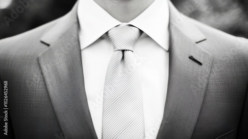 A black and white close-up of a man's suit collar and tie, evoking elegance and formality in a simple yet refined way.