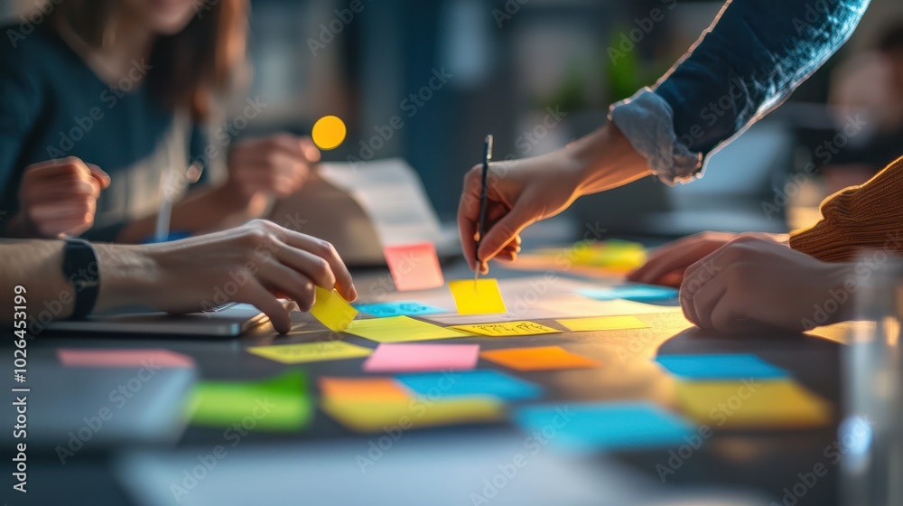 Team hands working with sticky notes on table, creative meeting concept, blurred background. Generative AI