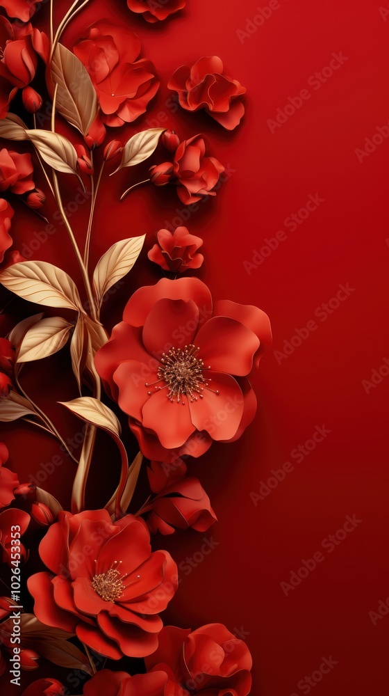 Luxury branding background with flowers. Red and gold colors. Empty, Copy space for text, design. Invitation, greeting card Luxury branding background with flowers. Red and gold colors. Empty, Copy space for text, design. Invitation, greeting card