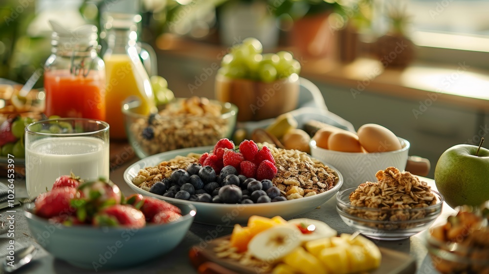 Vibrant Breakfast Spread with Fresh Fruits and Granola in a Sunlit Kitchen Setting Vibrant Breakfast Spread with Fresh Fruits and Granola in a Sunlit Kitchen Setting