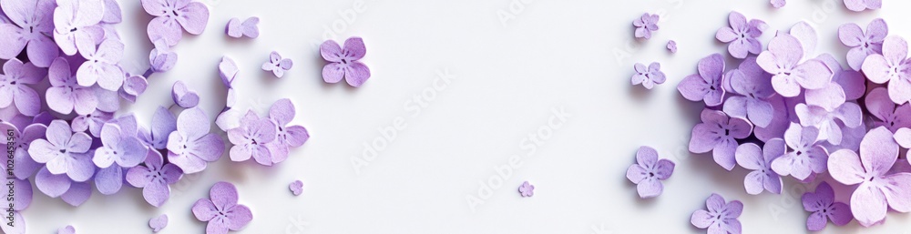 A serene arrangement of purple paper flowers on a white background. A serene arrangement of purple paper flowers on a white background.