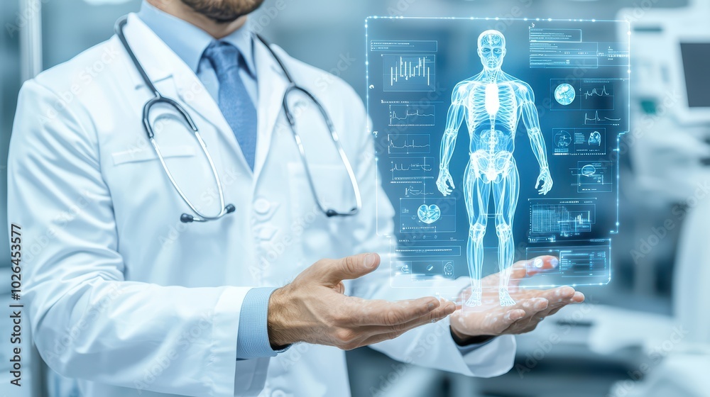 Medical professional displaying holographic human anatomy in a clinical setting.