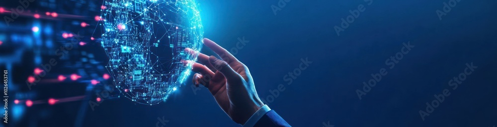 Fototapeta premium A hand reaching towards a digital brain, symbolizing AI and technology interaction.