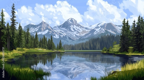 A serene mountain lake with snow-capped peaks reflecting in the tranquil water.