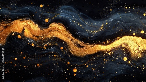 Golden Ink Splatter on Black Background: Abstract Art and Design Element