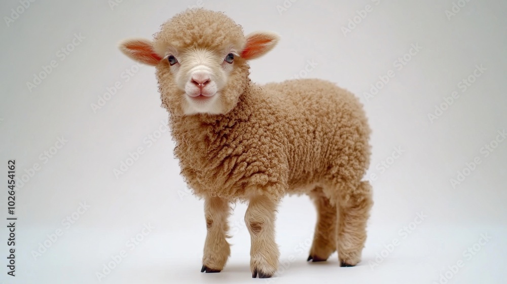 Fototapeta premium A cute light brown baby sheep standing on a white studio background, highlighting its fluffy coat and adorable features.