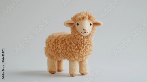 A cute light brown baby sheep standing on a white studio background, highlighting its fluffy coat and adorable features.