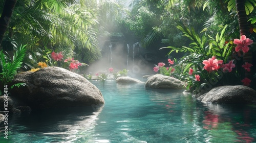 Lush Tropical Rainforest with Hidden Waterfall and Still Pool