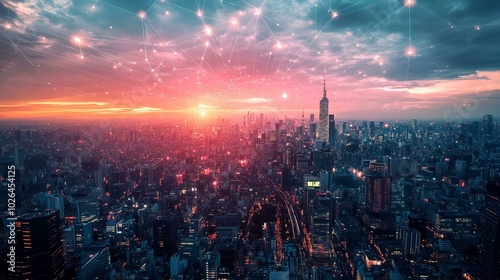 Futuristic Cityscape at Sunset: A Stunning Urban View Embraced by Technology and Connectivity