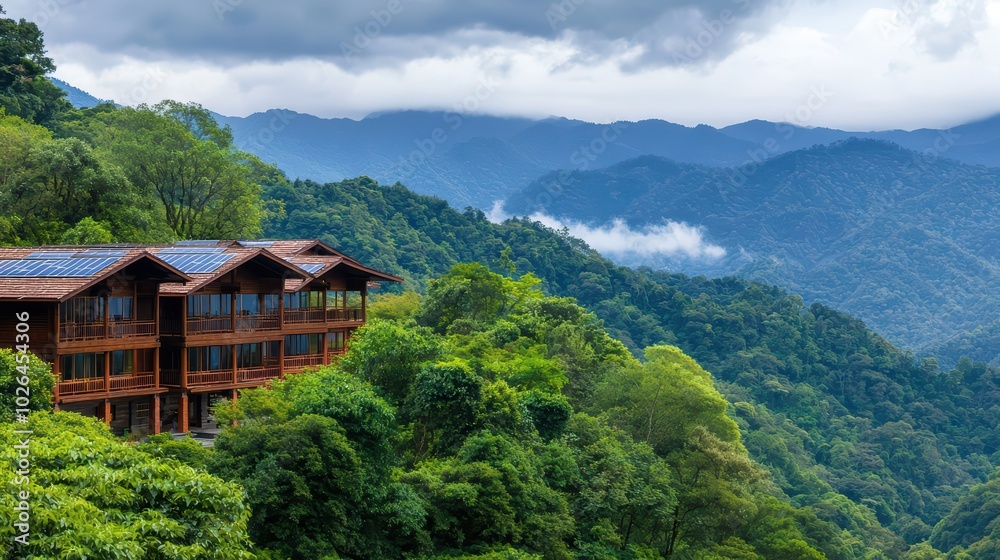 Scenic wooden lodge perched on a hillside, surrounded by lush greenery and misty mountains under a cloudy sky. Scenic wooden lodge perched on a hillside, surrounded by lush greenery and misty mountains under a cloudy sky.