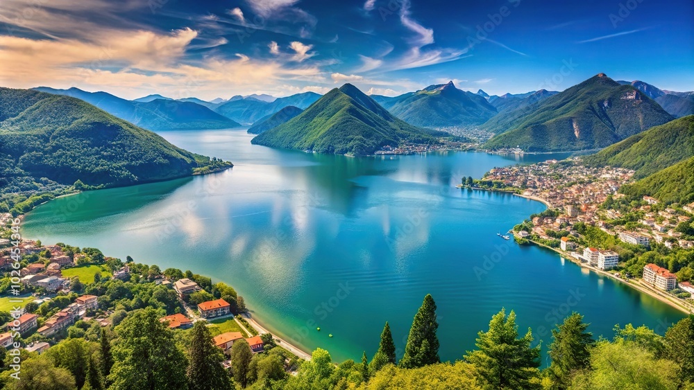 Naklejka premium panoramic view of Lake Lugano with Porto Ceresio and Morcote