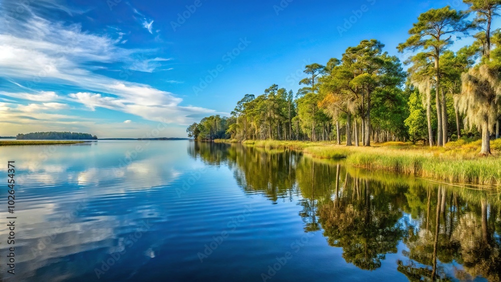 Panoramic view of Lake Marion shoreline in Santee National Wildlife Refuge South Carolina Panoramic view of Lake Marion shoreline in Santee National Wildlife Refuge South Carolina