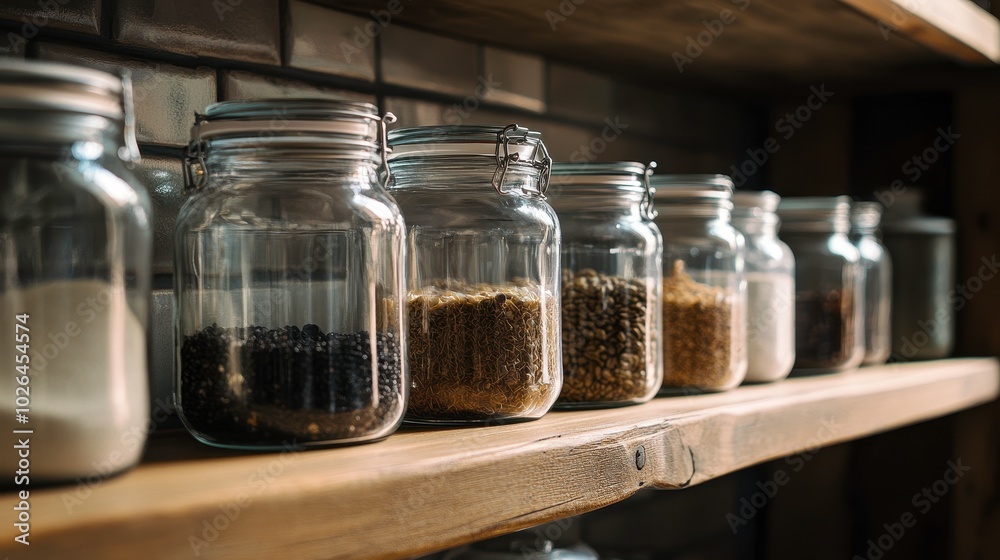 Variety of glass jars filled with grains and spices Variety of glass jars filled with grains and spices