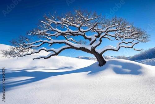 Willow tree in winter, with its bare branches draped in snow, creating an elegant, almost sculptural form against a snowy landscape photo