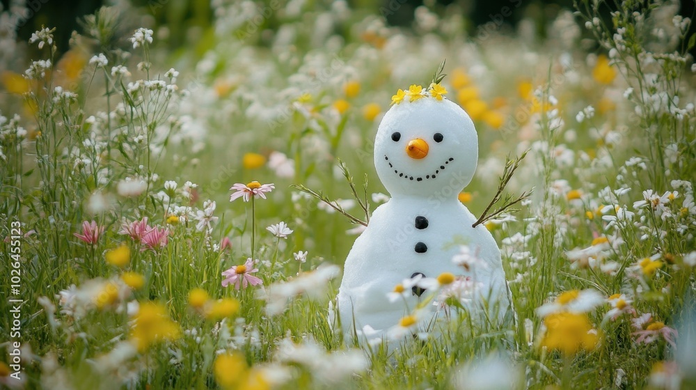A melting snowman in a grassy meadow with spring flowers blooming around it, symbolizing the transition from winter to spring. A melting snowman in a grassy meadow with spring flowers blooming around it, symbolizing the transition from winter to spring.