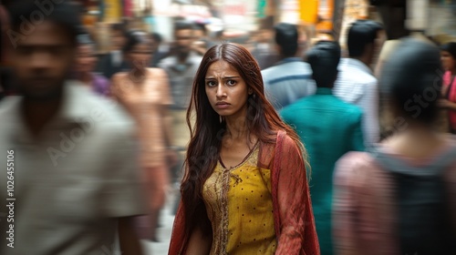 Lost in the Crowd: A Young Woman's Fearful Expression Amidst Chaos