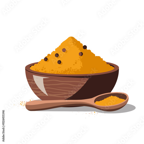 Turmeric Powder in Wooden Bowl Illustration