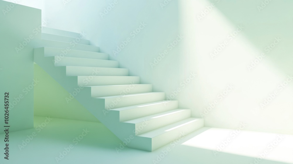 A minimalistic white stairway with subtle green hues and soft light, capturing the beauty of modern architecture. A minimalistic white stairway with subtle green hues and soft light, capturing the beauty of modern architecture.