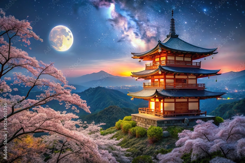Panoramic view of oriental shrine on mountain at night with cherry blossoms under moonlight Panoramic view of oriental shrine on mountain at night with cherry blossoms under moonlight