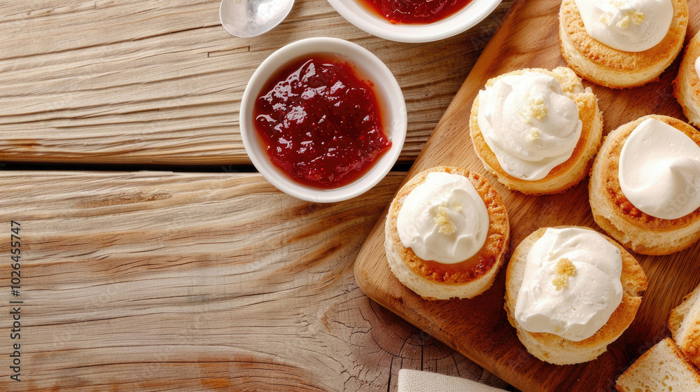 Freshly baked scones topped with whipped cream, served alongside a bowl of strawberry jam on a rustic wooden table. Freshly baked scones topped with whipped cream, served alongside a bowl of strawberry jam on a rustic wooden table.