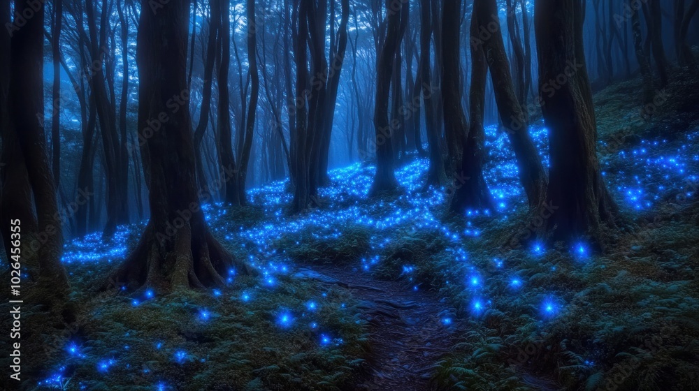 Fototapeta premium Enchanted forest illuminated by glowing blue lights among trees and foliage.