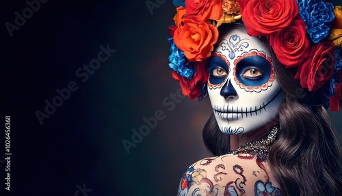  Dia de los Muertos, Mexican holiday. a beautiful woman with day of the dead face art, full 