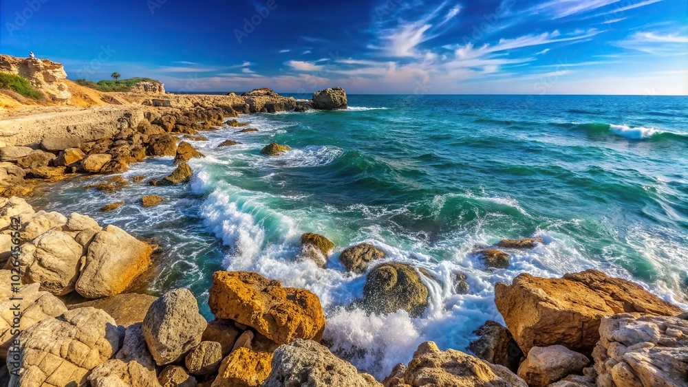 Panoramic view of rocks on Mediterranean coast with crashing waves Panoramic view of rocks on Mediterranean coast with crashing waves