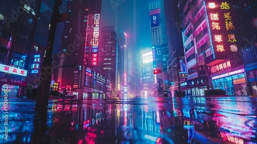 Futuristic night cityscape towering skyscrapers with neon lights reflecting on wet streets