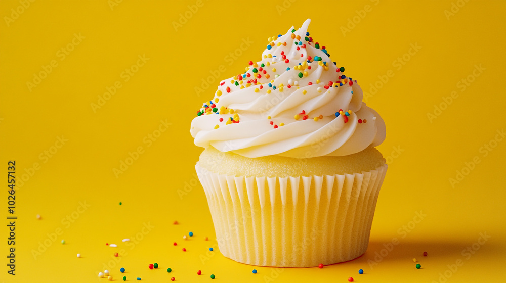 Vanilla Cupcake with Sprinkles on Yellow Background Vanilla Cupcake with Sprinkles on Yellow Background