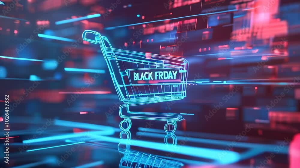 Digital illustration of a shopping cart symbolizing Black Friday sales in a futuristic neon-lit environment Digital illustration of a shopping cart symbolizing Black Friday sales in a futuristic neon-lit environment