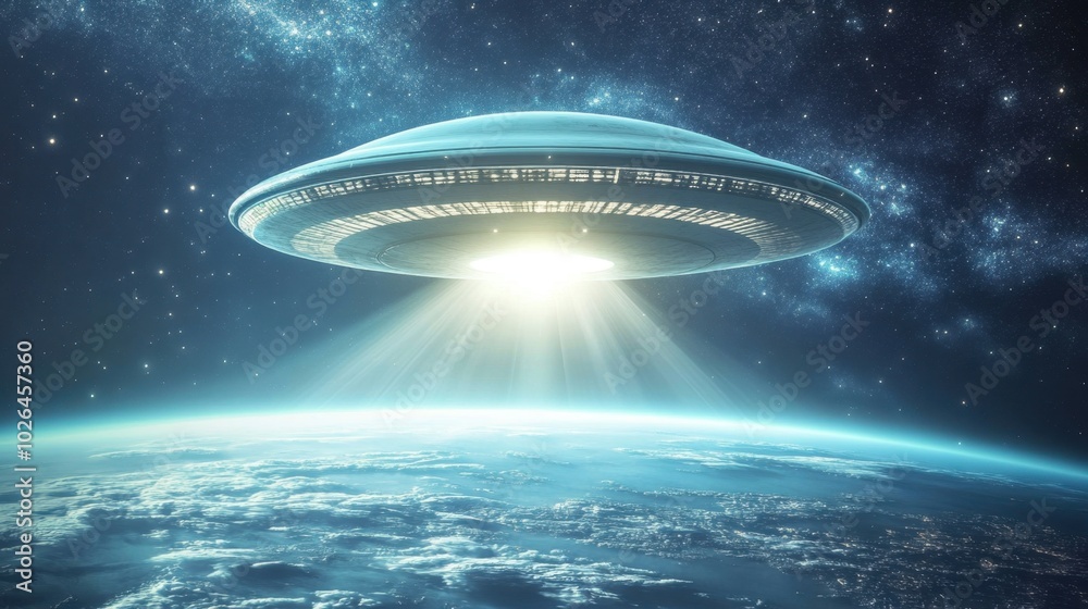 A silent alien spaceship hovers ominously above the Earth, casting a mysterious shadow over the planet's surface. A silent alien spaceship hovers ominously above the Earth, casting a mysterious shadow over the planet's surface.