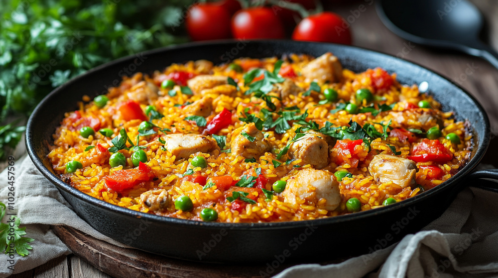 Delicious Chicken Paella with Peas and Peppers in a Pan Delicious Chicken Paella with Peas and Peppers in a Pan